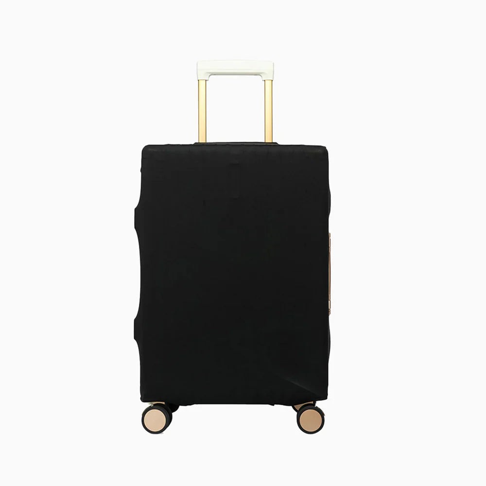 Black rolling suitcase with protective cover and gold telescopic handle on white background