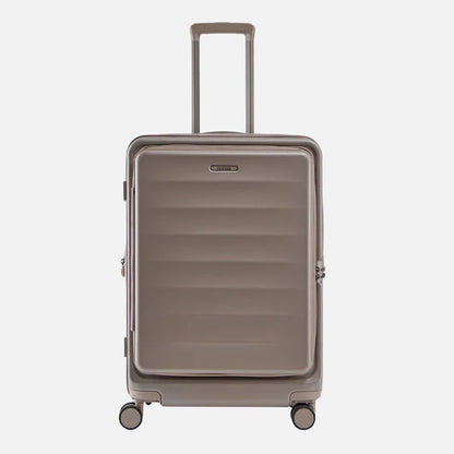 Taupe hard shell carry-on suitcase with telescopic handle and four spinner wheels13