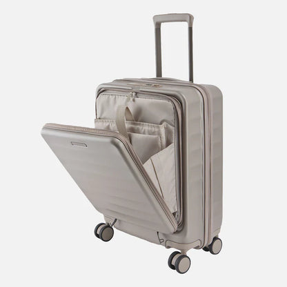 Beige hard-shell carry-on suitcase with front compartment and spinner wheels16