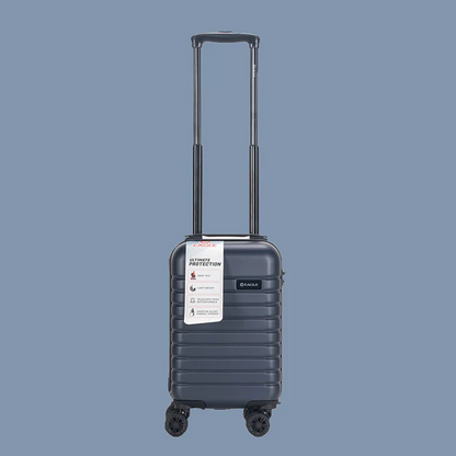 Hard shell carry-on suitcase with telescopic handle and wheels on a blue background5
