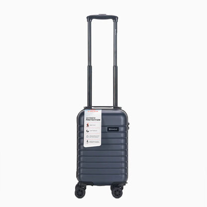 Hard-shell black carry-on suitcase with four wheels and telescopic handle on white background12