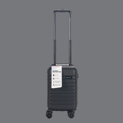 Black hard shell carry-on suitcase with telescopic handle and spinner wheels on gray background3