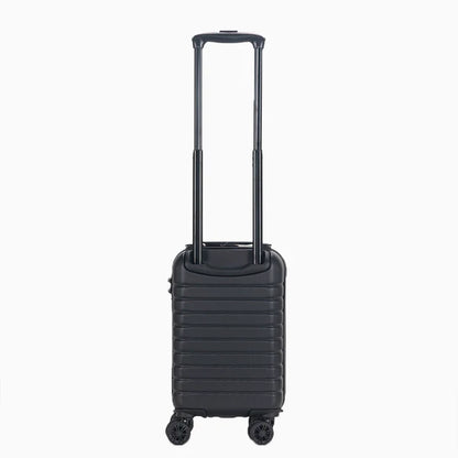 Black hard shell carry-on suitcase with telescopic handle and spinner wheels9