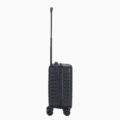 Black hard-shell carry-on suitcase with telescopic handle and spinner wheels, side view.7