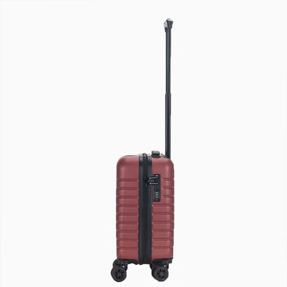 Red hard shell carry-on suitcase with black zipper, spinner wheels, and extended handle15