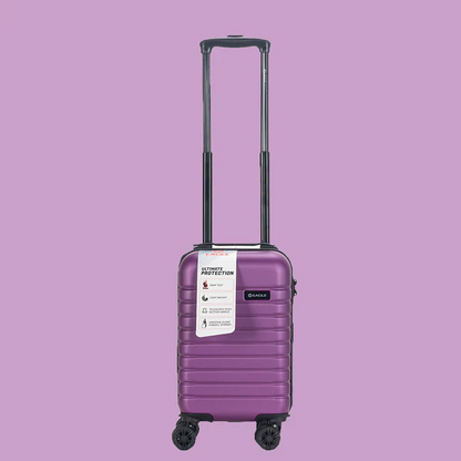 Purple hard shell carry-on suitcase with spinner wheels and telescopic handle on lavender background4