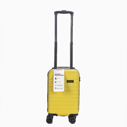 Yellow hard-shell carry-on suitcase with telescopic handle and spinner wheels on white background24