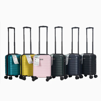 Colorful hard-shell carry-on suitcases with telescopic handles, lined up on white background26