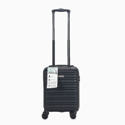 Black hard shell carry-on suitcase with four wheels and telescopic handle10