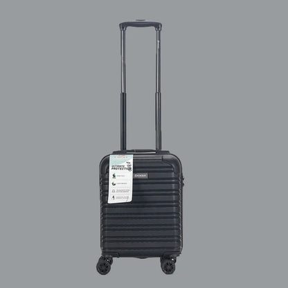 Black hard-shell carry-on suitcase with four wheels and telescopic handle on grey background29