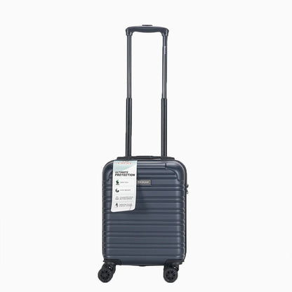 Black hard shell carry-on suitcase with telescopic handle and spinner wheels, front tag attached14