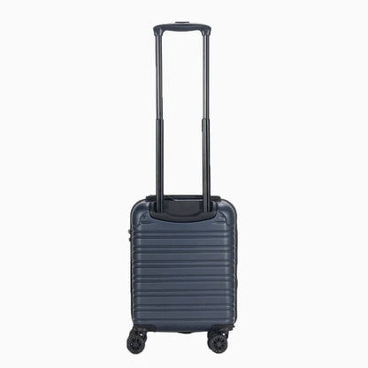 Hard shell navy carry-on suitcase with telescopic handle and spinner wheels, upright view13