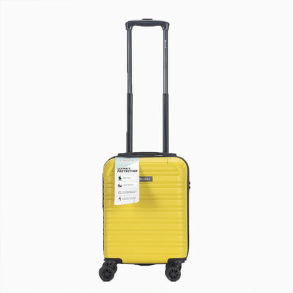 Yellow hard shell carry-on suitcase with four wheels and telescopic handle on white background4
