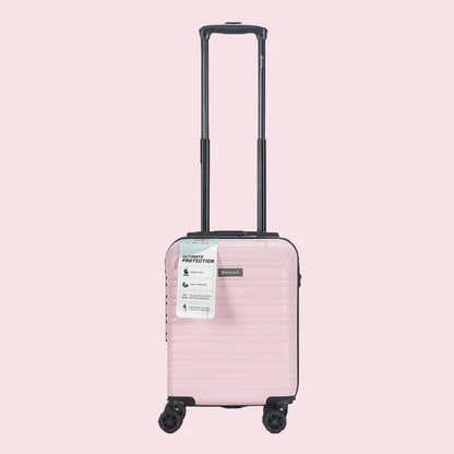 Light pink hard-shell carry-on suitcase with four wheels and extended telescopic handle18