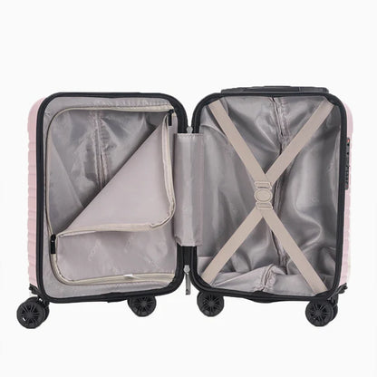 Open hard shell suitcase with interior compartments, straps, and zipper pockets, travel luggage22