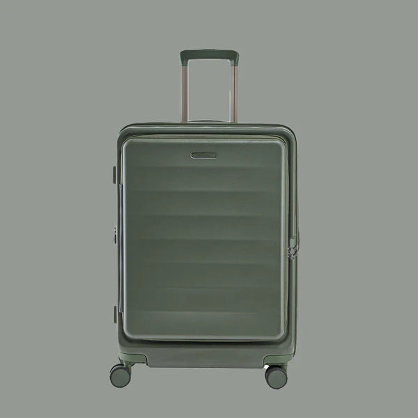 Olive green hard shell carry-on suitcase with four wheels and telescopic handle+2