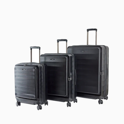 Three black hard-shell rolling suitcases in small, medium, and large sizes on white background.11