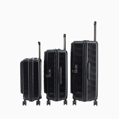 Set of three black hard shell suitcases with spinner wheels and telescopic handles10