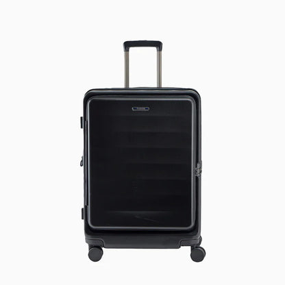 Black hard shell rolling suitcase with telescopic handle and four spinner wheels6