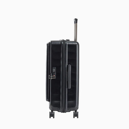 Black hardshell suitcase with telescopic handle and spinner wheels, side view4
