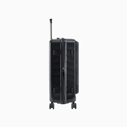 Side view of a black hard shell suitcase with four spinner wheels and an extended handle5