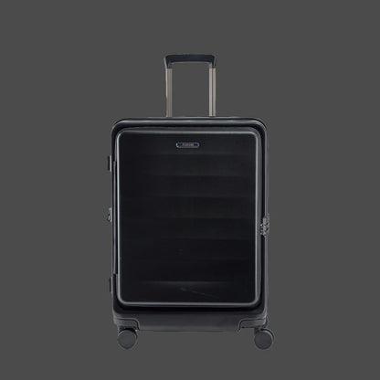 Black hard shell rolling suitcase with telescopic handle on gray background1